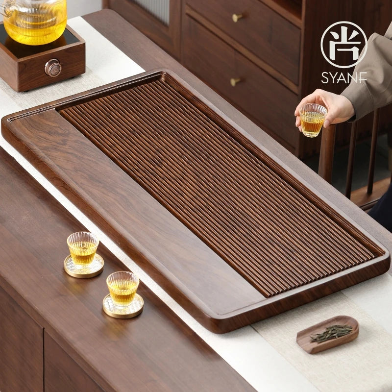 plateau thé bois bambou moderne lignes verticales marron foncé tasses théière salon chambre