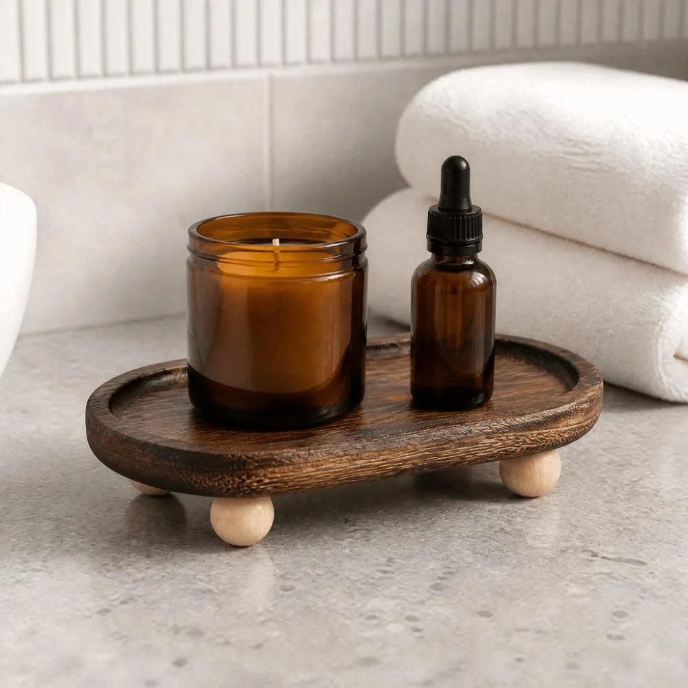 plateau bois marron rustique minimaliste pieds boules bijoux rangement parfum céramique blanc