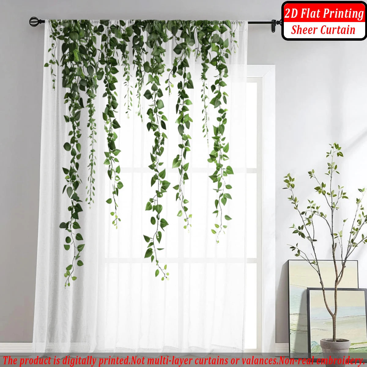 rideau fin imprimé lierre vert transparent bohème salon chambre maison tringle métallique
