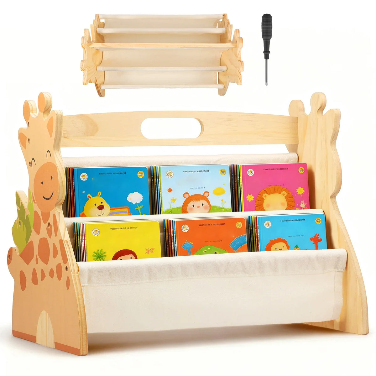 support livres enfant moderne imprimé girafe vis fixations bois naturel