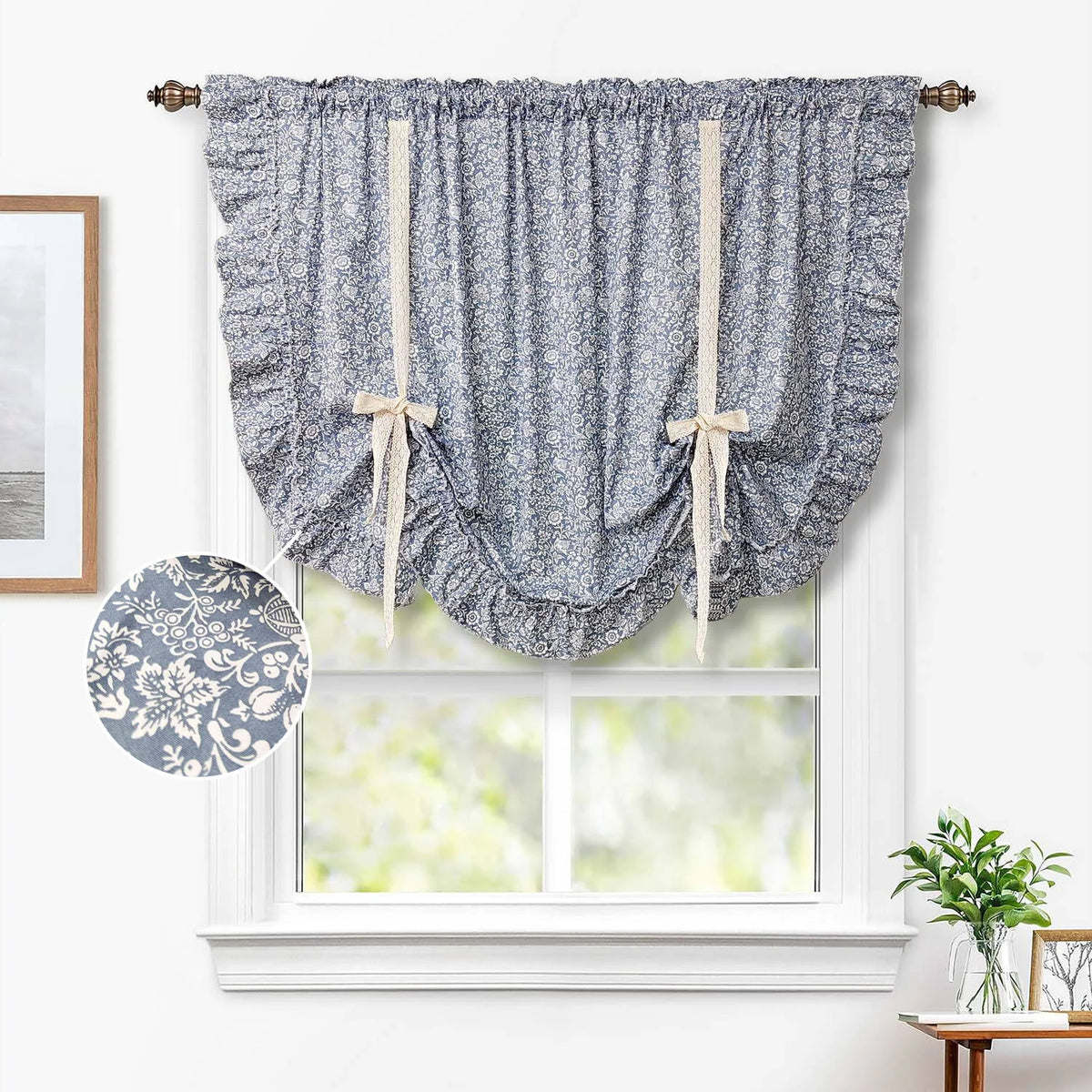 rideau fleuri vintage bleu clair décoration intérieure fenêtre romantique fixations coton noels