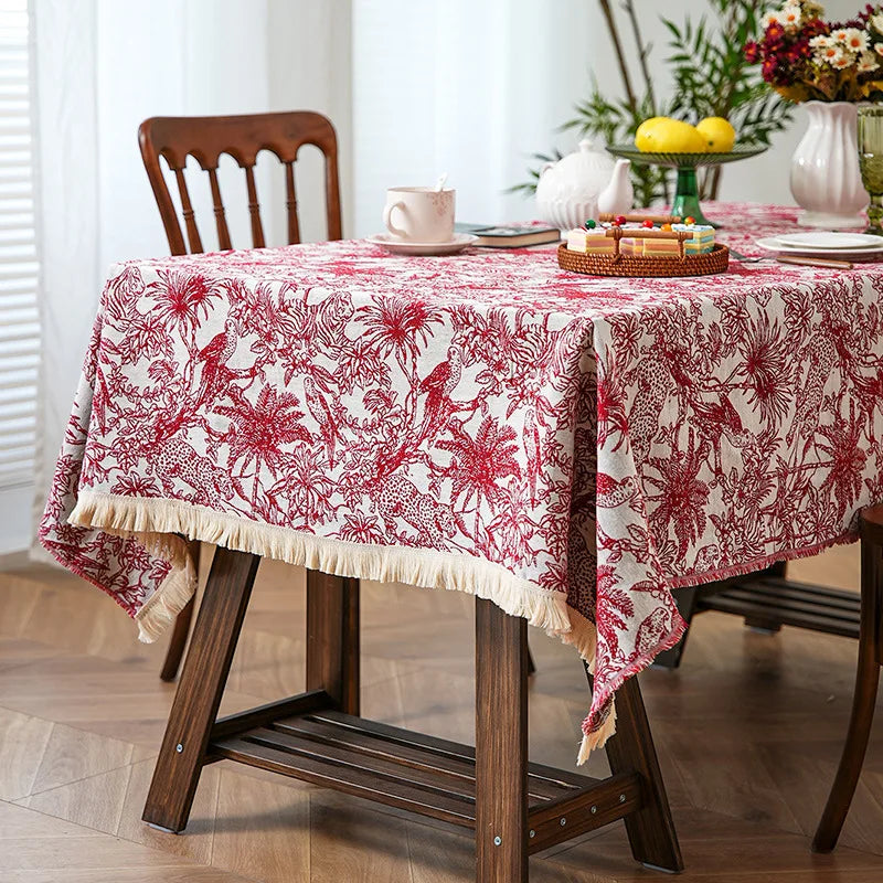 nappe imprimée florale oiseaux blanc rouge table dîner fête decoration table classicreuse machine été