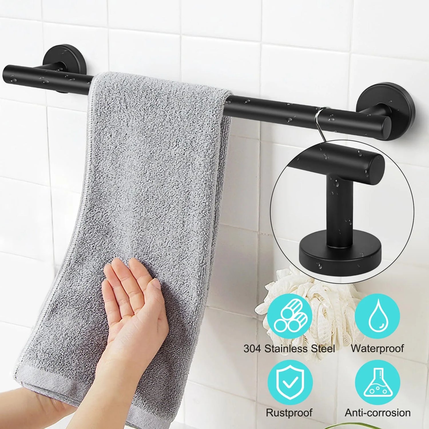 Barre de serviette murale 40 cm noir mat en acier inoxydable pour salle de bain