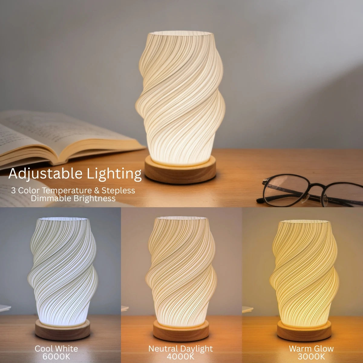 lampe led moderne lampe lecture tricolore minimaliste base bois rayures fines chambre coucher salon