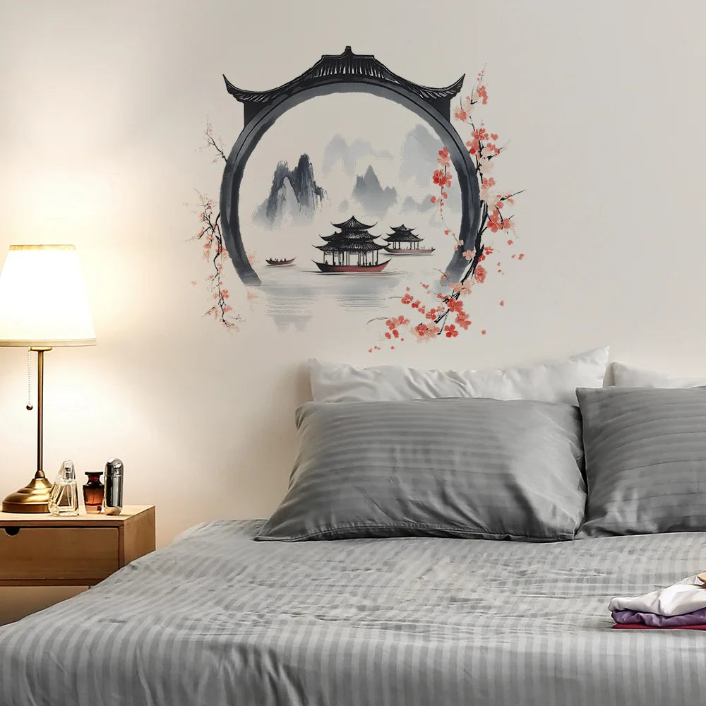 autocollant mural paysage chinois traditionnel montagnes lac pagodes fleurs cerisier noir gris rose blanc