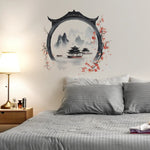 autocollant mural paysage chinois traditionnel montagnes lac pagodes fleurs cerisier noir gris rose blanc