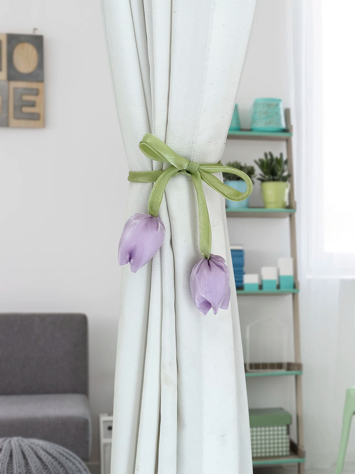 rubans fixation rideaux fleurs tulipes moderne vert clair rose pâle bleu violet décoratif