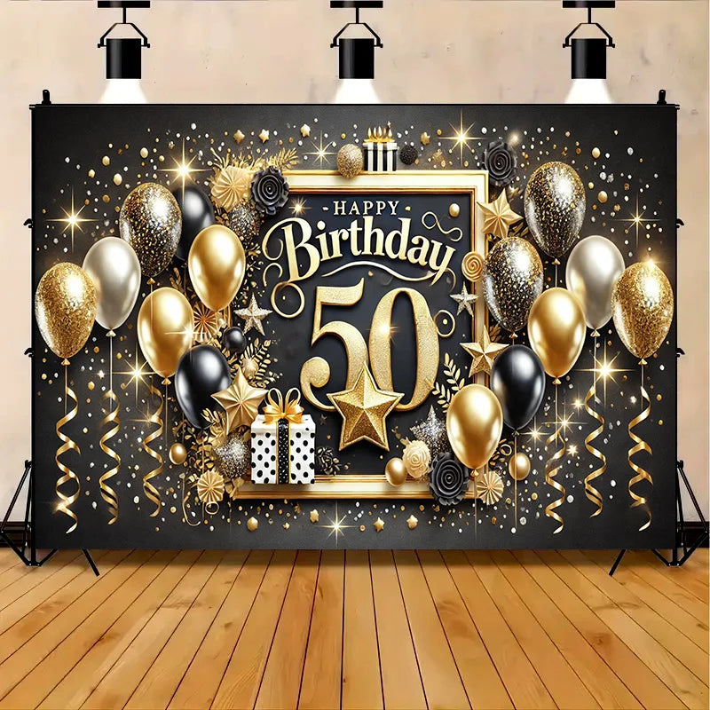 toile art festive ornementations ballons étoiles cadeaux anniversaire 50 noir doré blancDecoration Célébration Anniversaire
