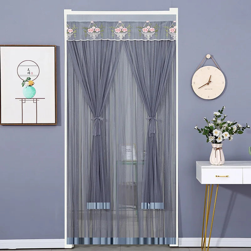 rideau gris beige rose bleu broderie florale transparent moderne ruban porte tissu polyester