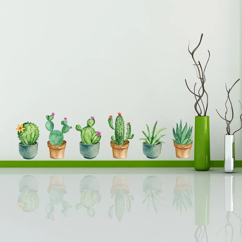 sticker mural cactus floral illustration aquarelle adhésif vert beige bleu