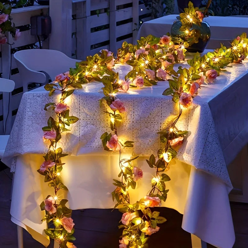 décoration intérieure guirlande lumineuse fleurs roses feuillage vert mariage romantique festive polyester led piles