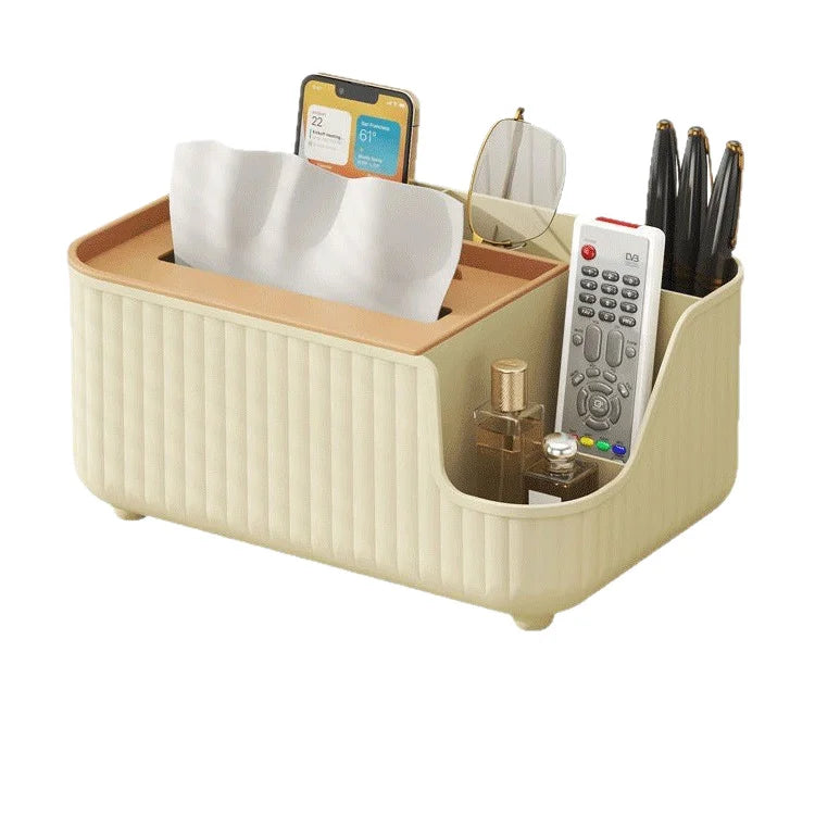 boîte rangement multifonctionnelle moderne beige clair rayures verticales pieds ronds mouchoirs lunettes télécommande parfum