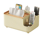 boîte rangement multifonctionnelle moderne beige clair rayures verticales pieds ronds mouchoirs lunettes télécommande parfum