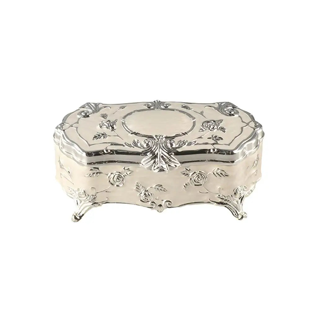 boîte bijoux argentée relief floral intérieur flanelle noir classique vintage clapet porte bois
