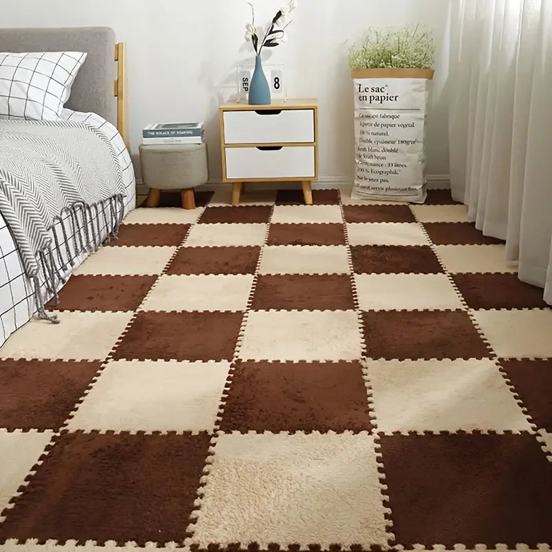 tapis modulables carreaux géométriques 30cm 30cm gris noir marron clair doux moelleux moderne confortable