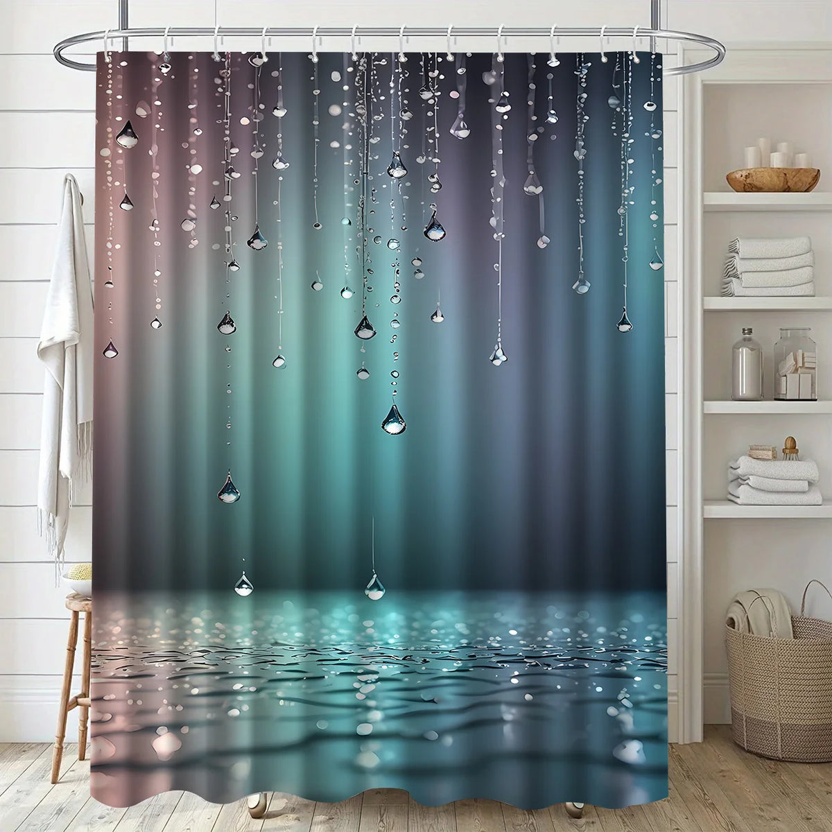 rideau douche moderne multicolore effet gouttes d'eau opacité anneaux suspension crochets durables