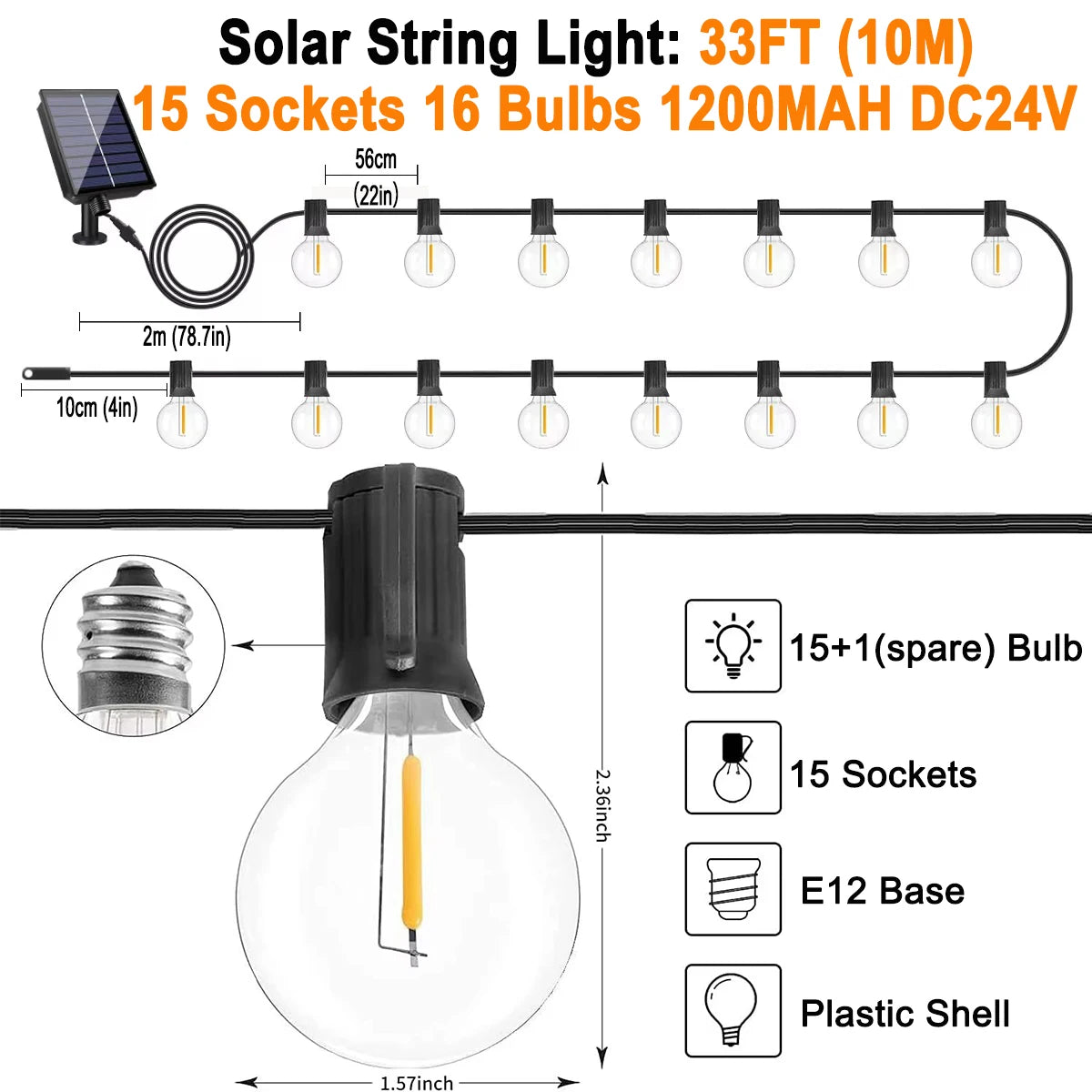 guirlande lumineuse solaire moderne 10m 15bulbes télécommande boules transparentes dorées clips