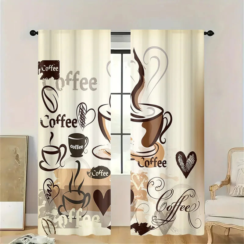 rideau moderne tasses grains coeurs lettrage polyester beige marron noir decoration