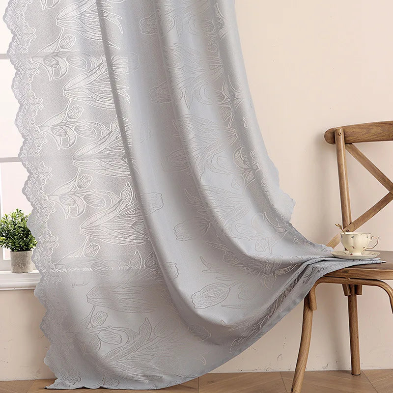 rideau gris clair fleurs blanches semi transparent classique romantique dentelé polyester chambre salon decoration