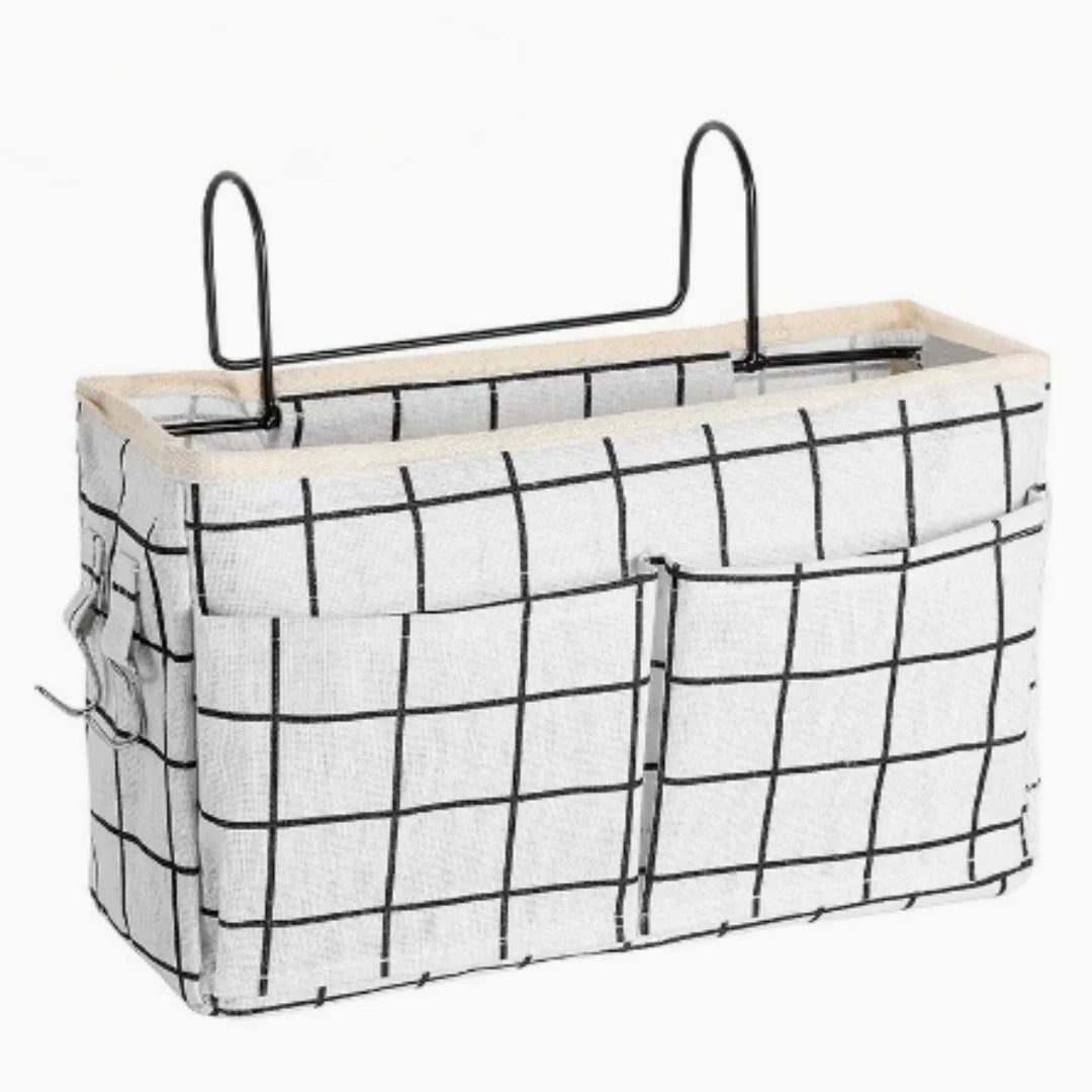 sac rangement mural tissu gris clair crochets adhésifs poches transparentes grand espace intérieur fonctionnel