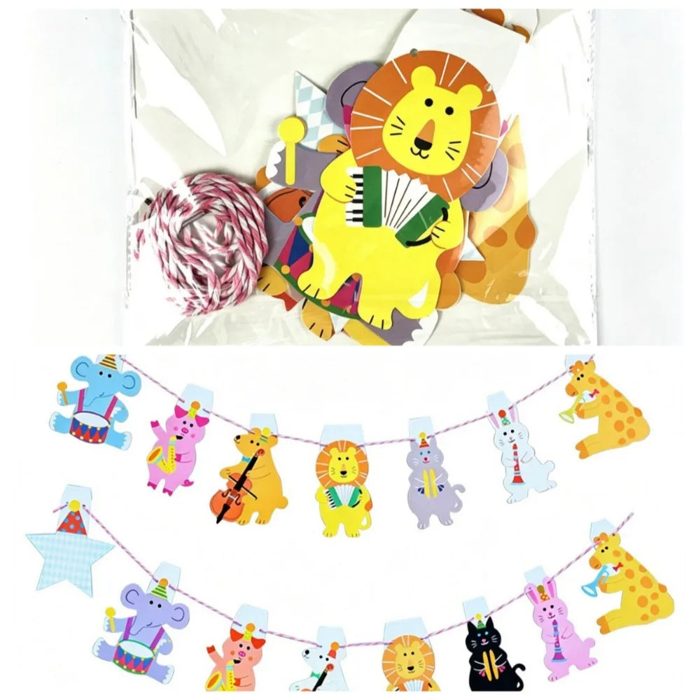 guirlande fête multicolore animaux mignons instruments papier étoile ruban pois scène rideaux enfants