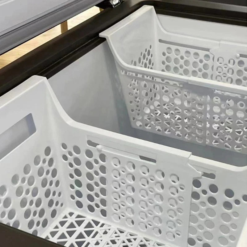 paniers rangement blancs perforés moderne rails coulissants réfrigérateur congélateur optimisation espace almacenamiento alimentos durable