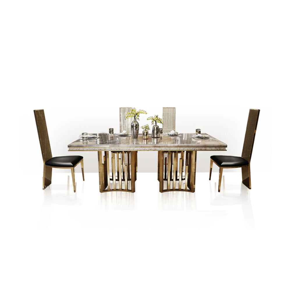 ensemble salle manger moderne chaises hautes table marbre veiné cadre métal doré minimaliste
