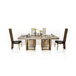 ensemble salle manger moderne chaises hautes table marbre veiné cadre métal doré minimaliste