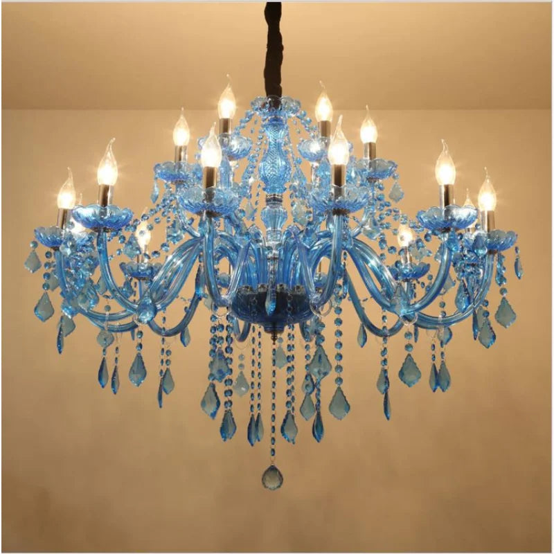 lustre classique bleu transparent pendeloques goutte forme led salon chambre