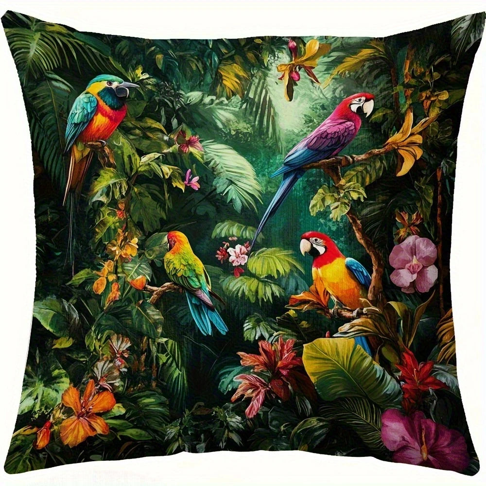 housse coussin motif oiseaux exotiques fleurs tropical moderne maison polyester peachskin vibrant multicolore