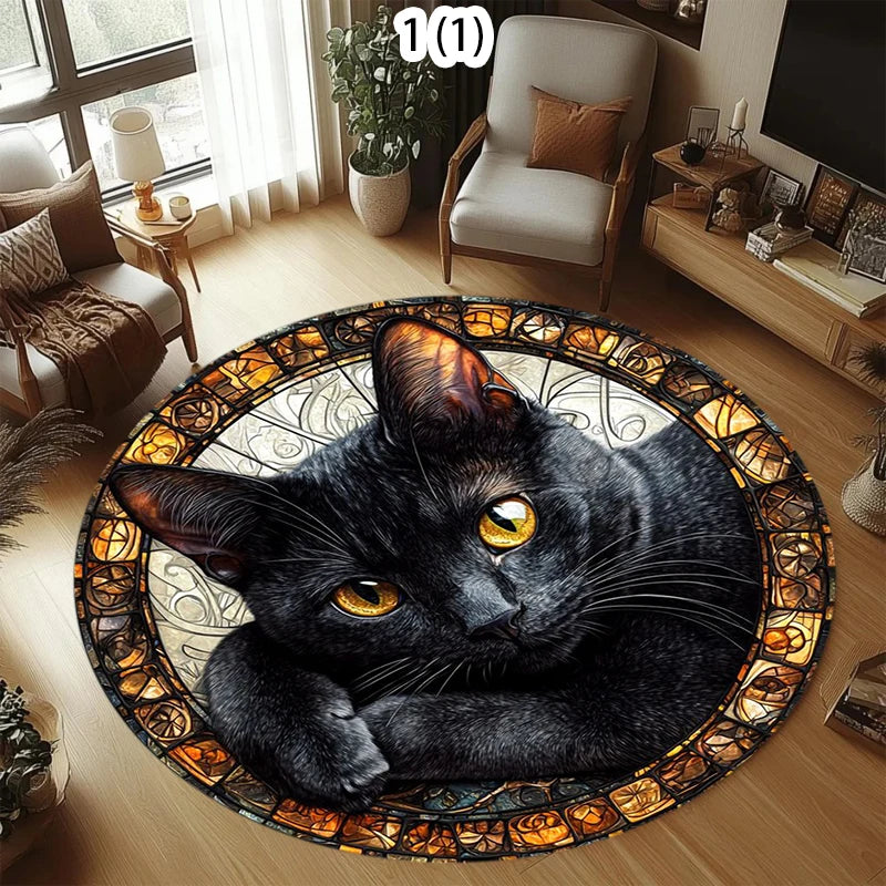 tapis rond moderne chat noir fleurs polypropylène chambre salon décoration intérieure extérieur 120x120cm 80x80cm
