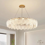 lampe suspendue moderne blanc doré coquillage translucide élégante anneaux métalliques lumière led chambre salon