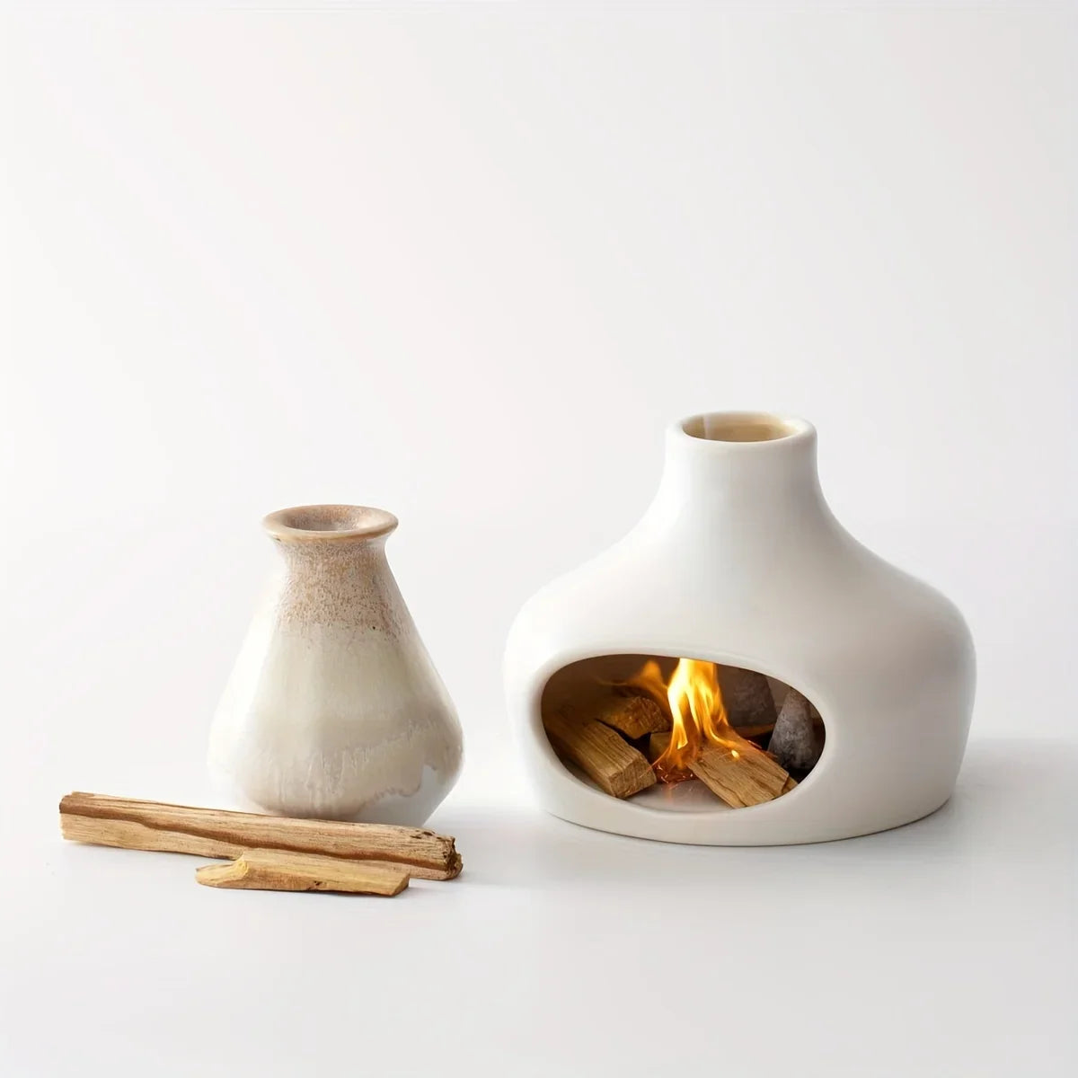 diffuseur céramique blanc moderne foyer miniature bois chauffage apaisant salon decoration aromathérapie yoga meditation