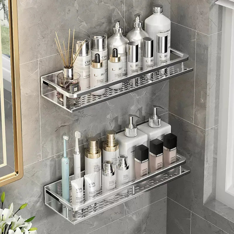 étagère murale moderne étagère aluminium perforée argentée bouteilles cosmétiques flacons brosse dents diffuseur huiles