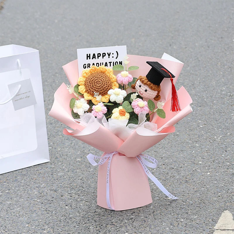 bouquet fleurs artificielles graduation couleur blanc jaune bleu rose vert figurine ruban décoration maison
