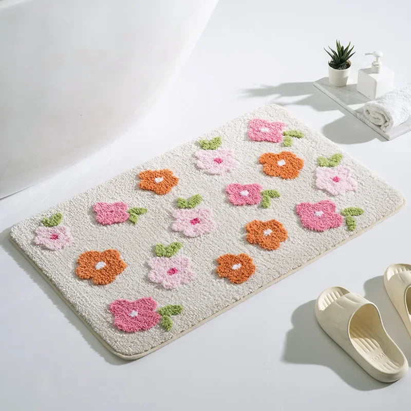 tapis bain fleurs relief beige rose orange vert moderne doux adhésif texturé absorbant antidérapant