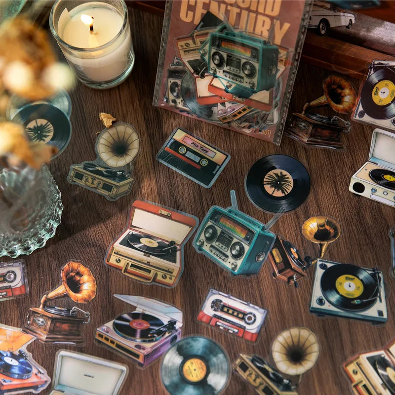sticker rétro multicolore voitures phonographes cassettes vinyles radios artisanat creative journal