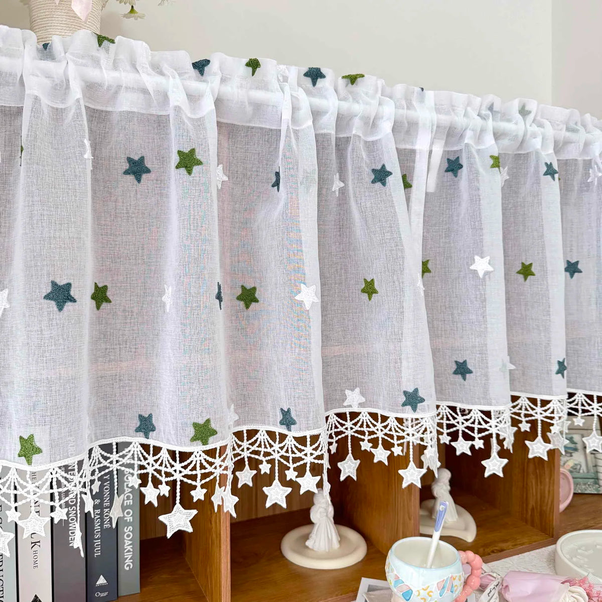 rideau transparent brodé étoiles classique blanc romantique maison