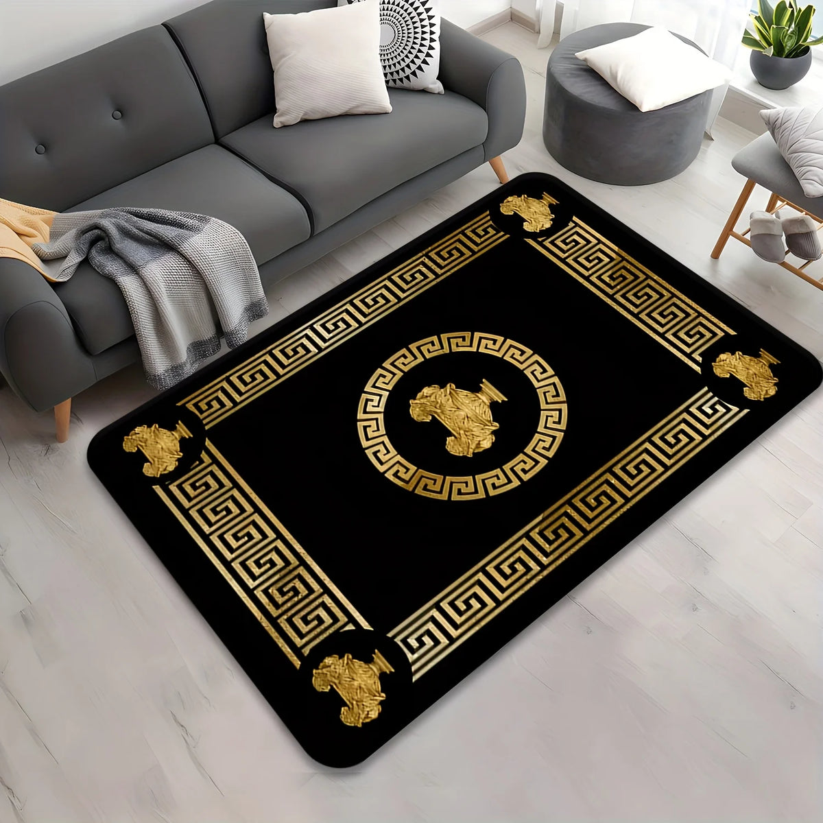 tapis géométrique doré coq or noir polyestère salon chambre élégant classique
