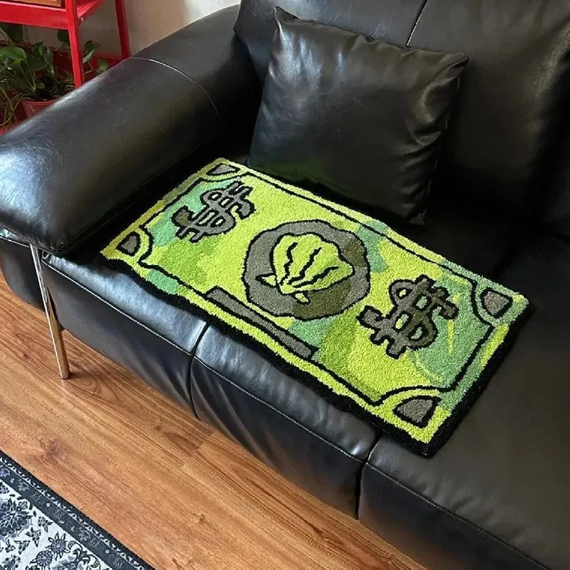 tapis vert motif billets moderne antidérapant polyester gris noir chambre salon