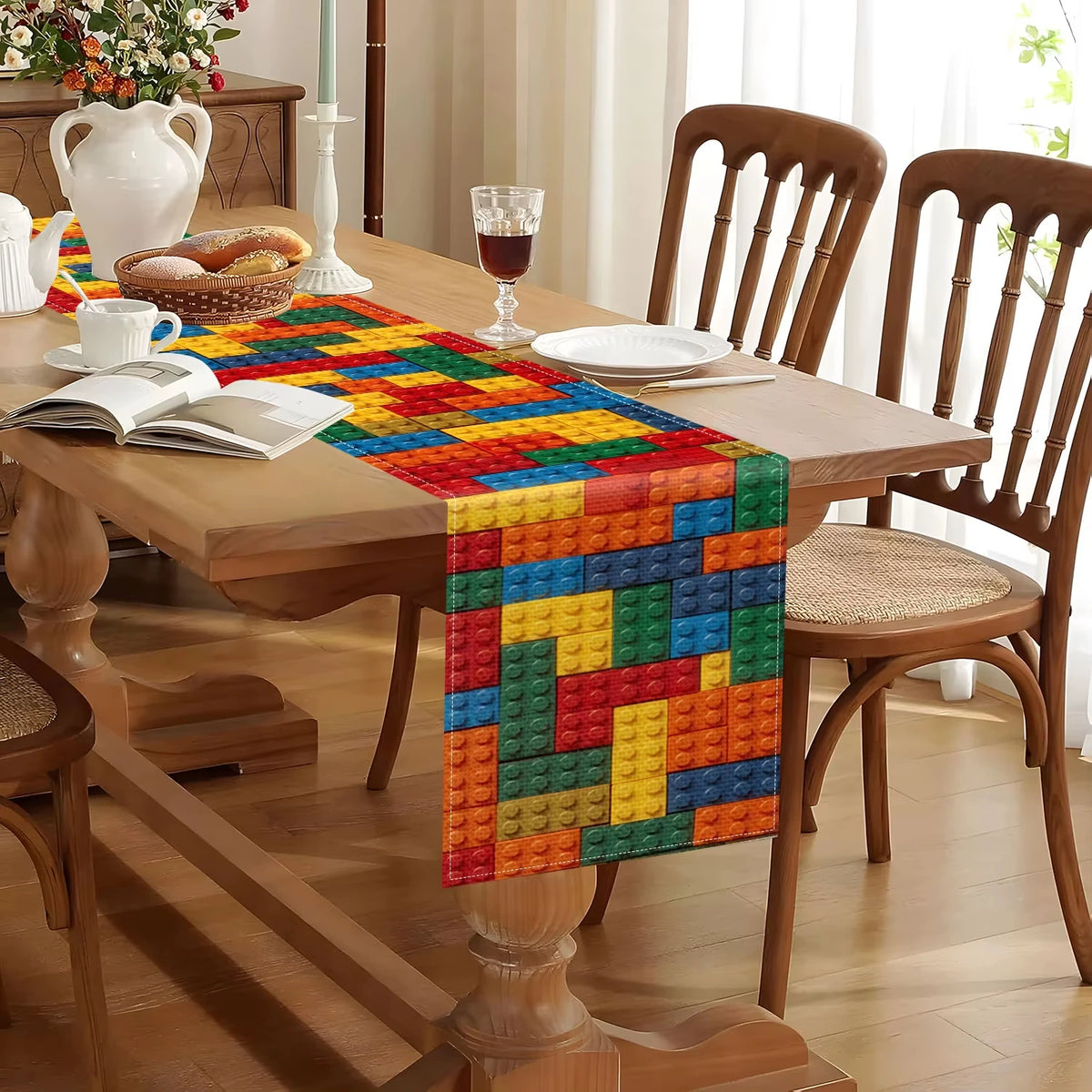 nappe polyestère motif lego rouge bleu jaune verte décoration chambre enfant ludique maison 150cmX33cm