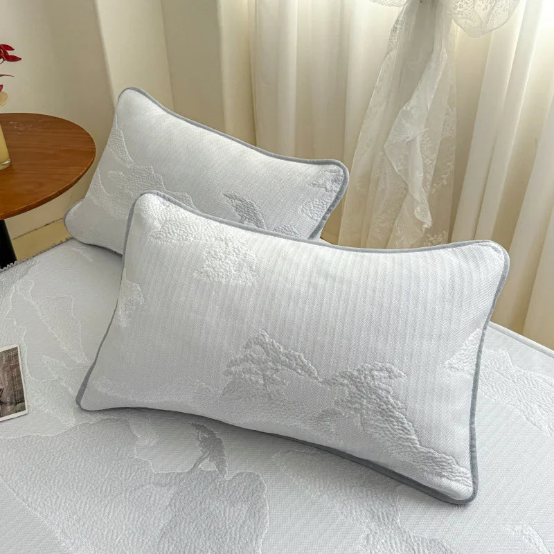 taies d'oreiller jacquard bleu clair fleurs blanches respirantes été douces 48x74cm modernes