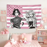 tapisserie manga rose moderne personnage dessiné rayures horizontales blanc pop art