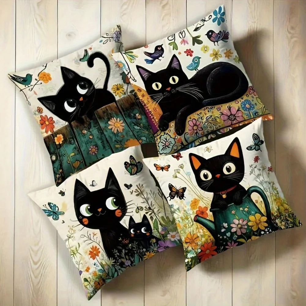 coussin illustration chats noirs fleurs polyester peacheskin 40x40cm 45x45cm 50x50cm 60x60cm