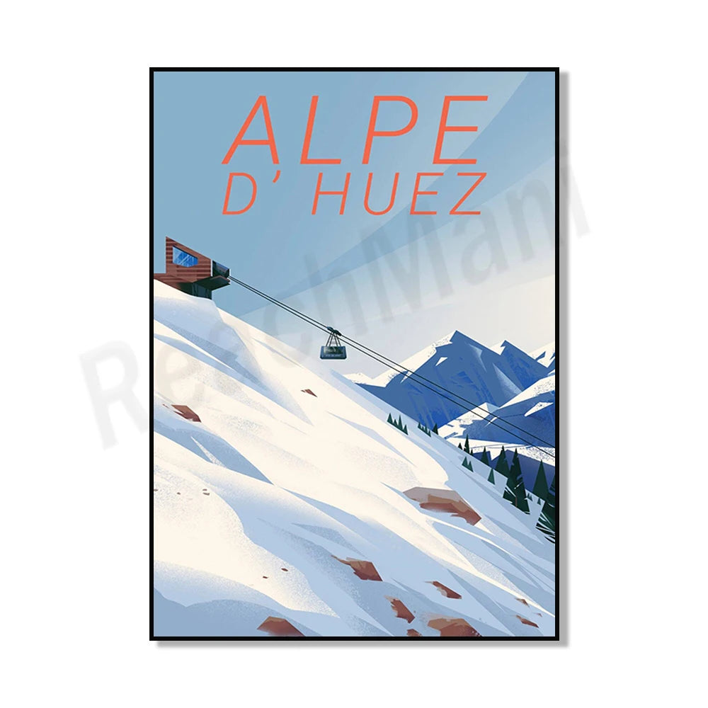 Une affiche de paysage enneigé dans les Alpes avec un téléphérique suspendu au-dessus des montagnes.