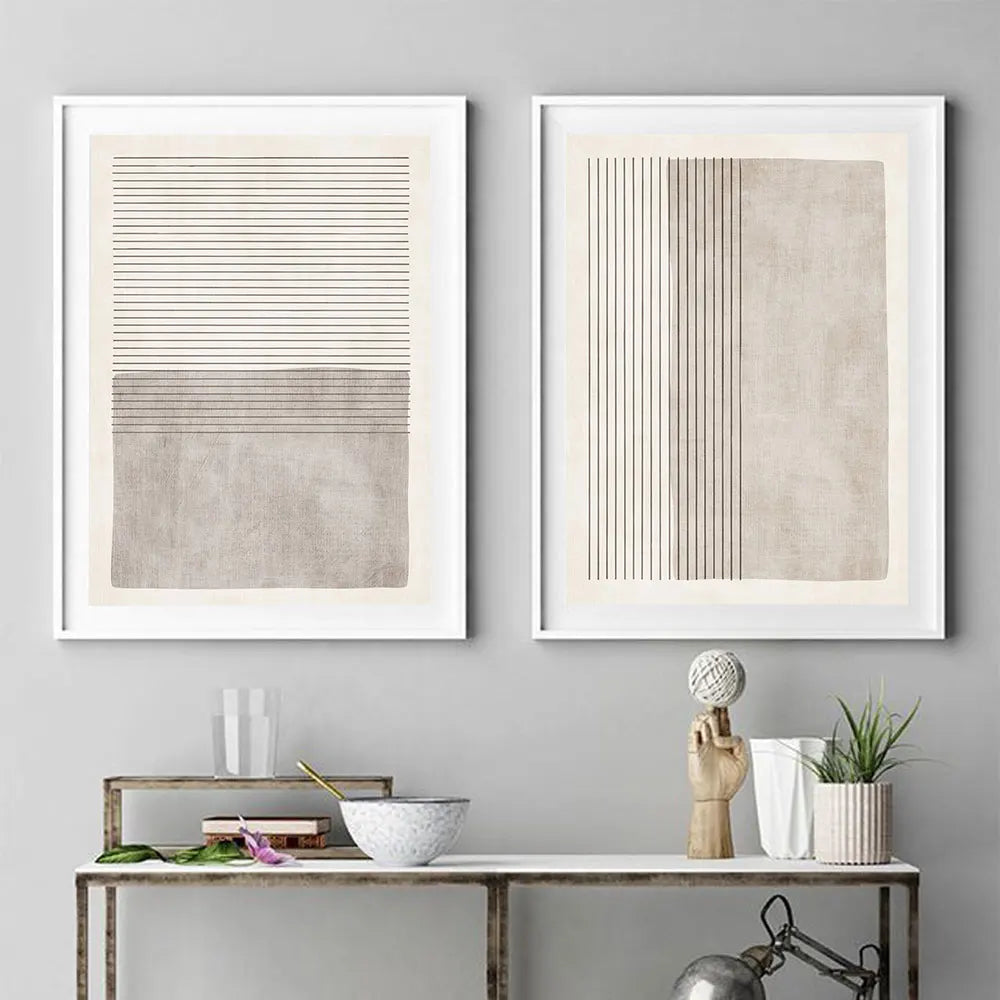 toile d'art minimaliste moderne rayures horizontales beige clair cadre blanc salon chambre decorationintérieur