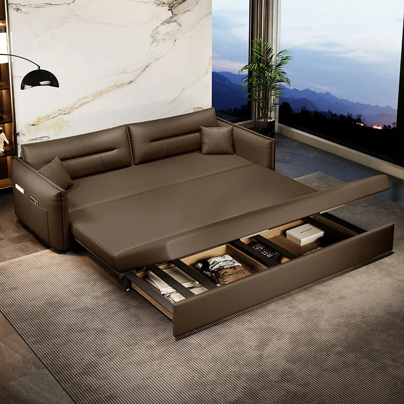 canapé lit moderne marron clair simili cuir scandinave confortable coussins salon maison