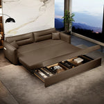 canapé lit moderne marron clair simili cuir scandinave confortable coussins salon maison
