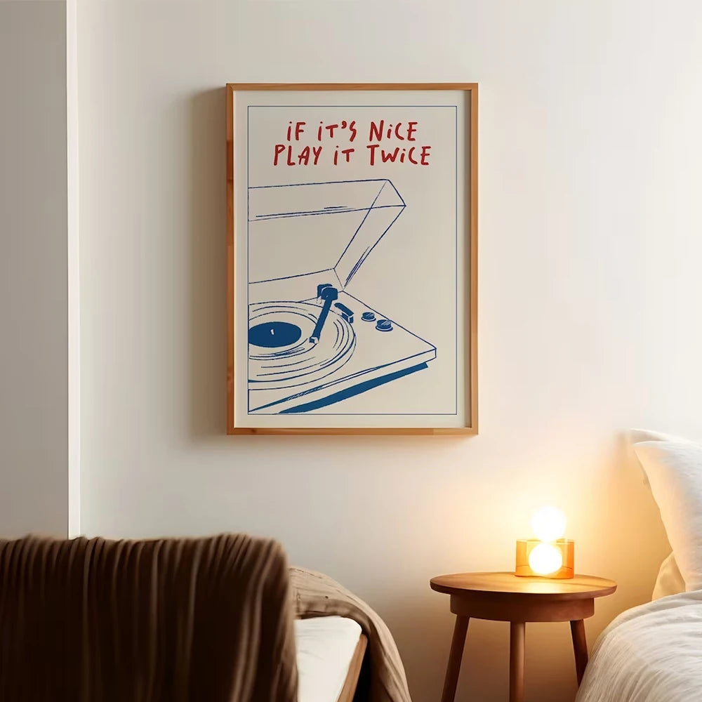 affiche murale graphique tourne disque blanc bleu rouge minimaliste décoration salon chambre enfant illustration