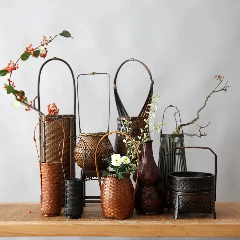 panier rotin tressé main vase bambou décoration fleurs rustique artisanal maison